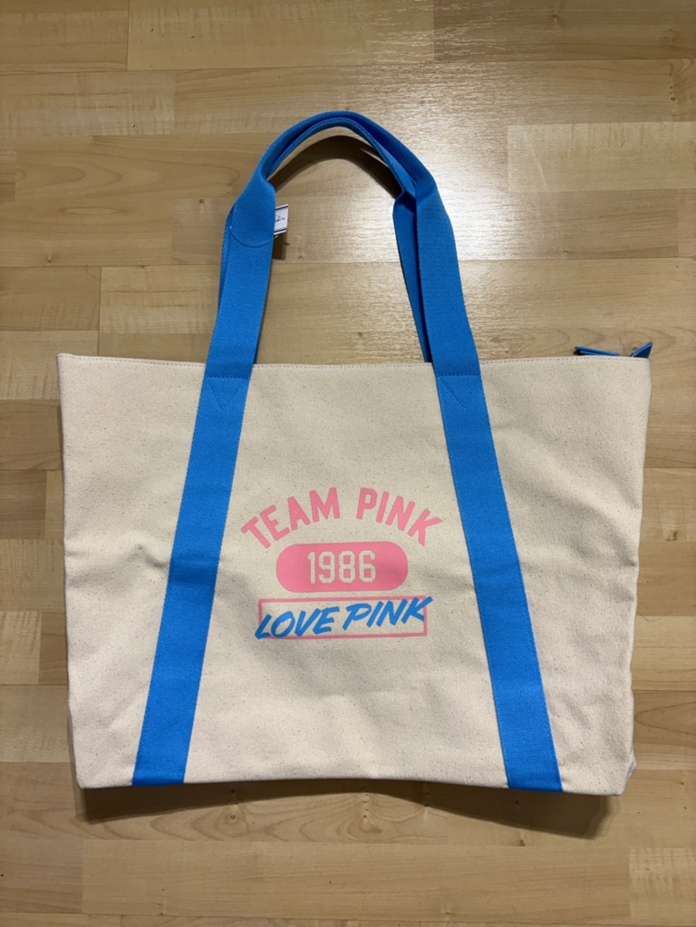 * PINK Victoria's Secret Cream Canvas Tote with Bright Blue Straps and Pink Logo